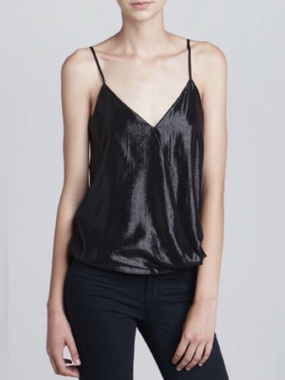 Parker Pixie Cross-Front Lamé Tank Top, Size S, Color Black Metal